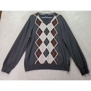 Stafford Sweater Mens XL Gray Argyle Knit 100% Cotton‎ Long Raglan Sleeve V Neck